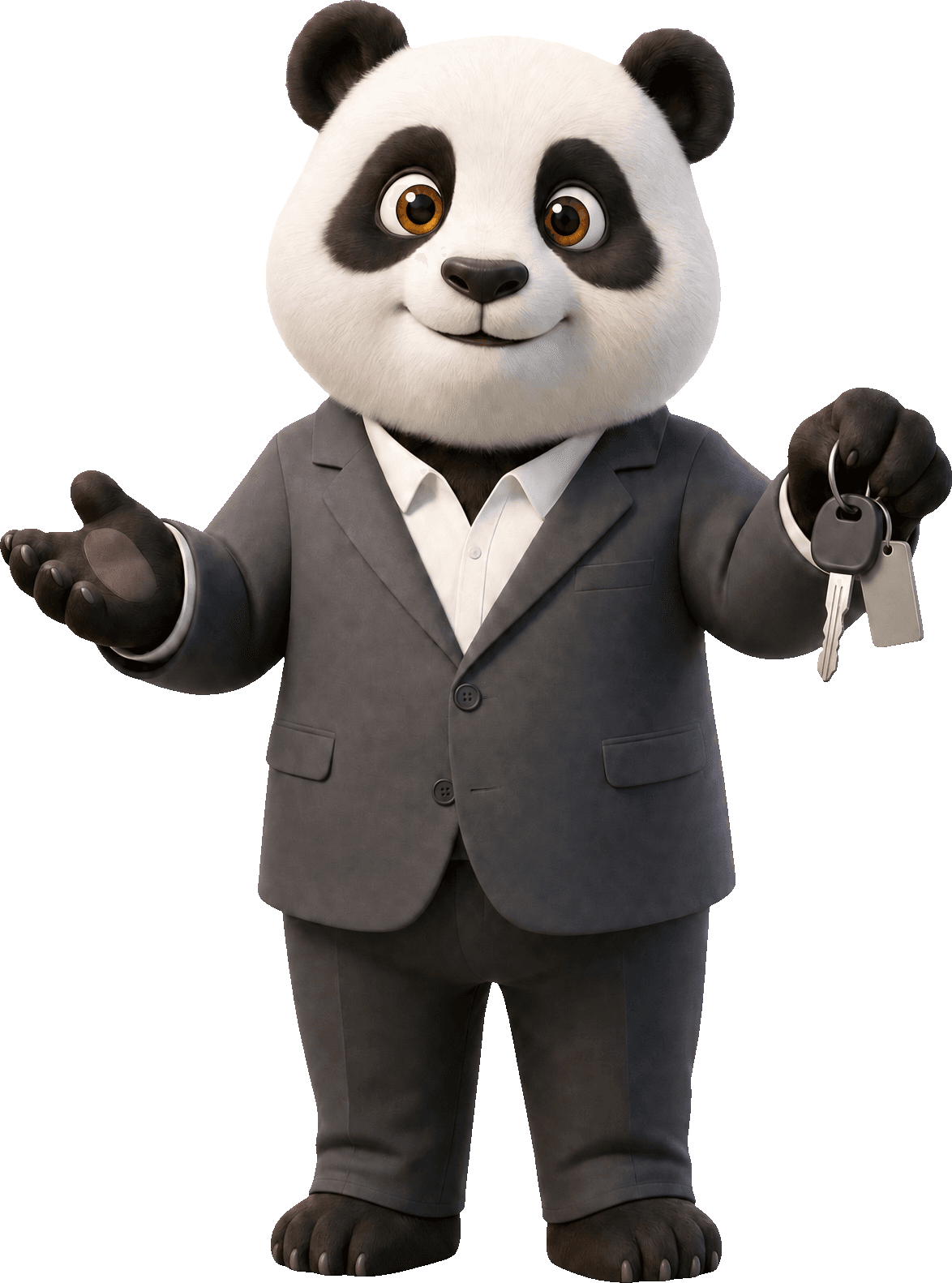 PandaCars – Panda im Anzug mit Autoschlüssel